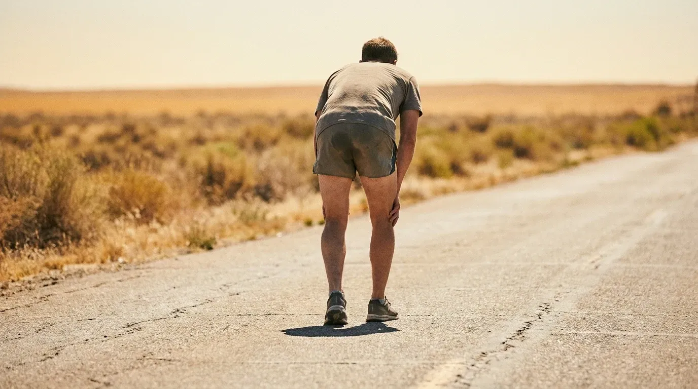 A runner slows to a walk on a sun-baked asphalt path, visibly fatigued from extreme heat.