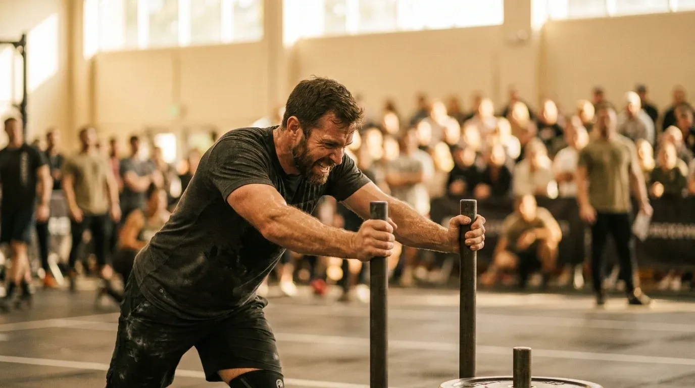 Male athlete straining during sled drag competition with focused expression and massive blurred crowd in background.