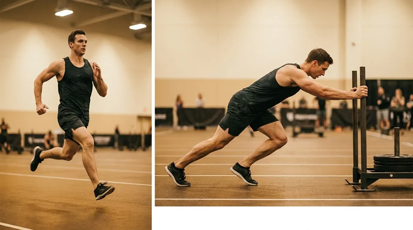 Male athlete in split-frame composition showing running stride and sled push during HYROX competition.
