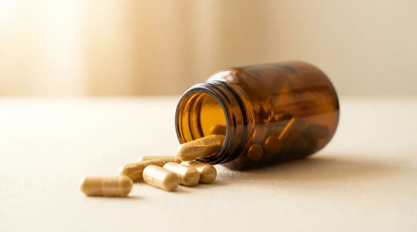 Golden translucent capsules spilling from an amber glass bottle onto a warm cream surface.