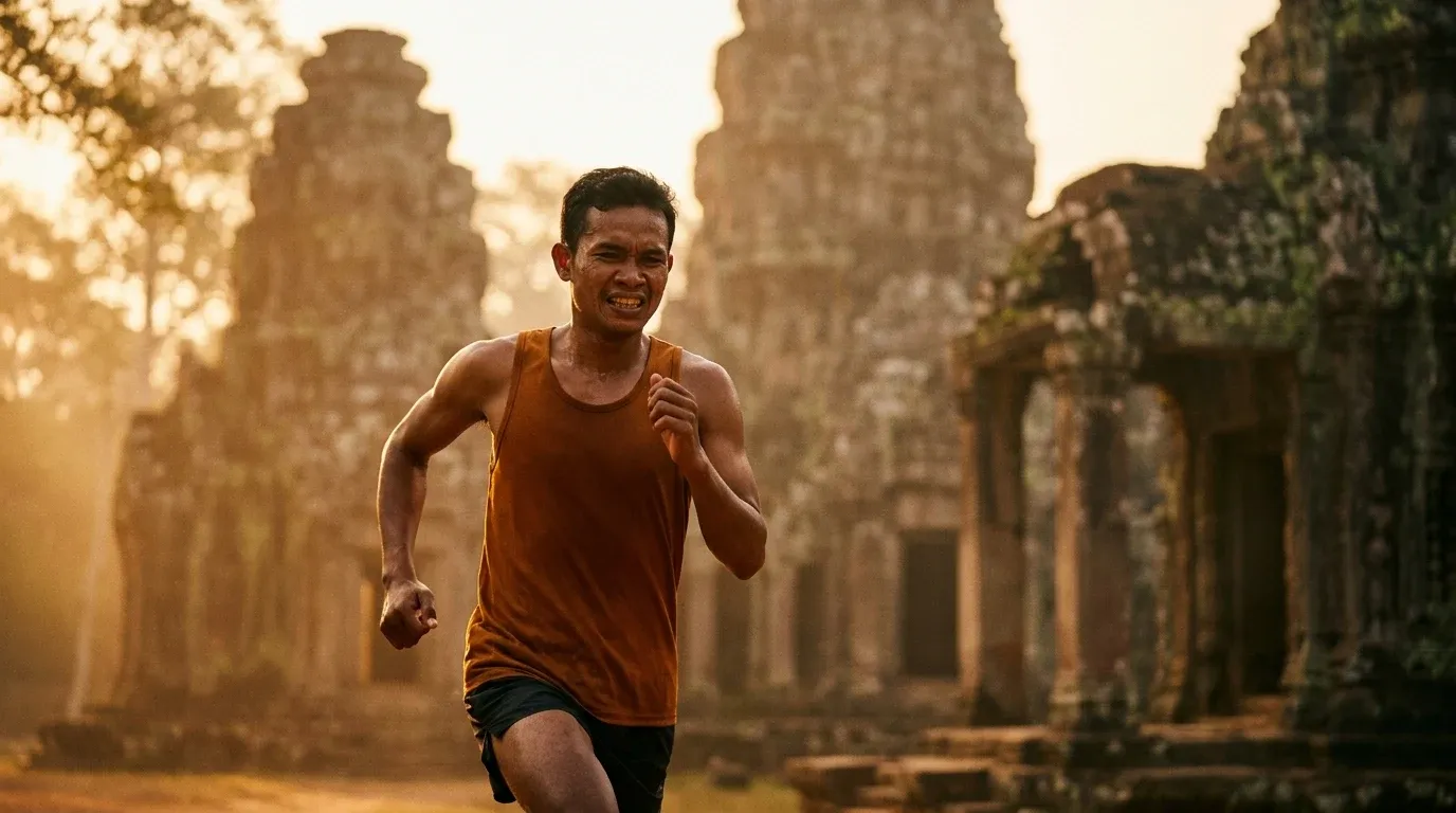 Southeast Asian male runner mid-stride during marathon, ancient temple ruins glowing in golden dawn light.
