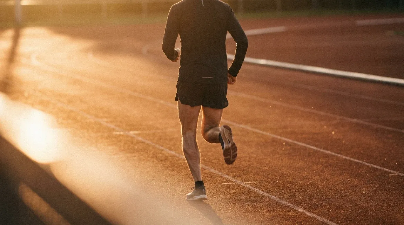 Runner sprinting mid-stride on a red track, captured from behind in golden afternoon light.