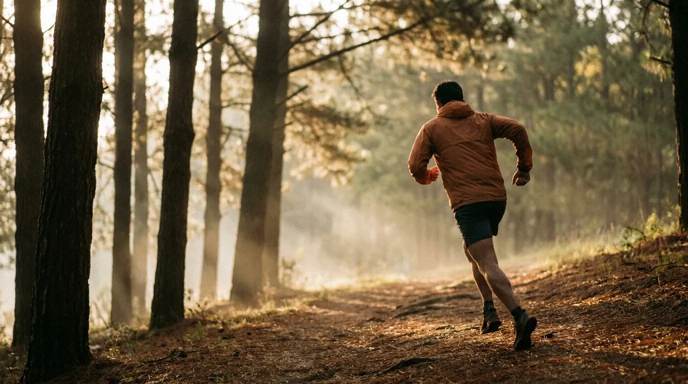 Trail runner mid-stride climbing uphill on a pine-lined dirt path in golden morning light.