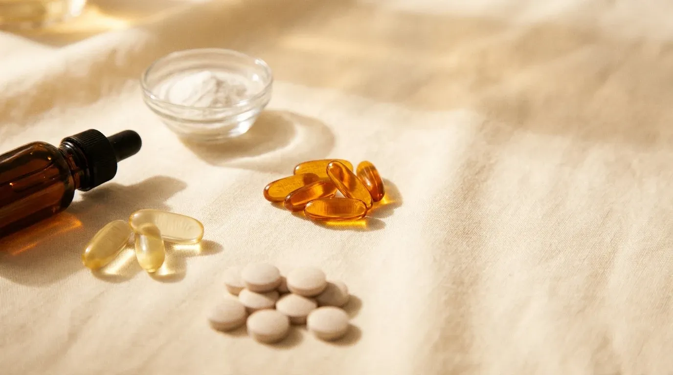 Five recovery supplements arranged on a warm cream surface under natural golden-hour lighting.