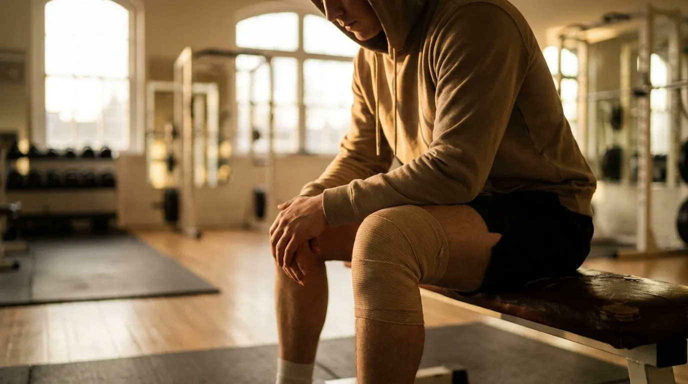Person sitting on a gym bench examining their wrapped knee in soft, contemplative golden light.