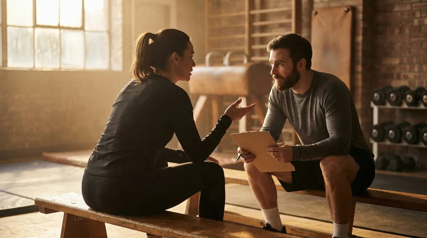 A personal trainer and first-time client converse on a gym bench in warm golden light.
