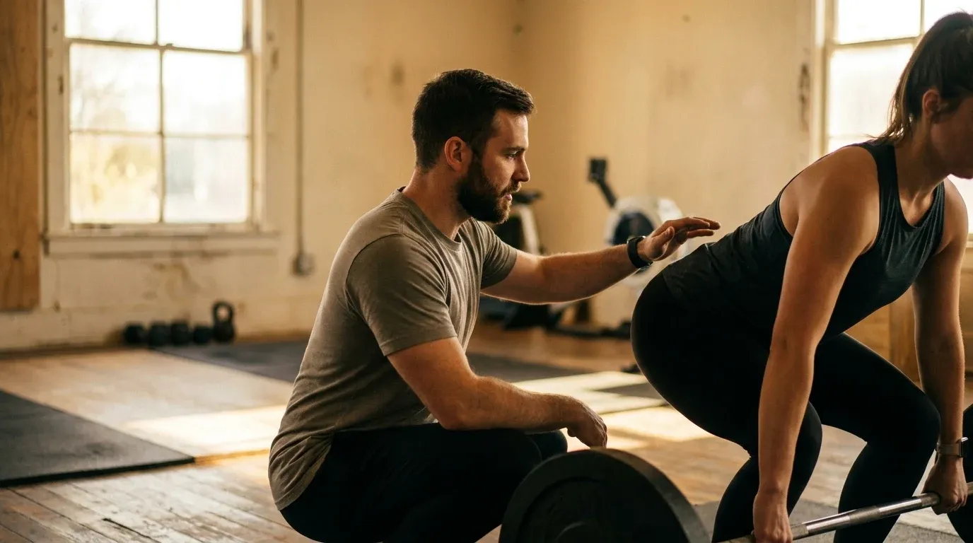A personal trainer coaches a client on proper form while performing a barbell deadlift.