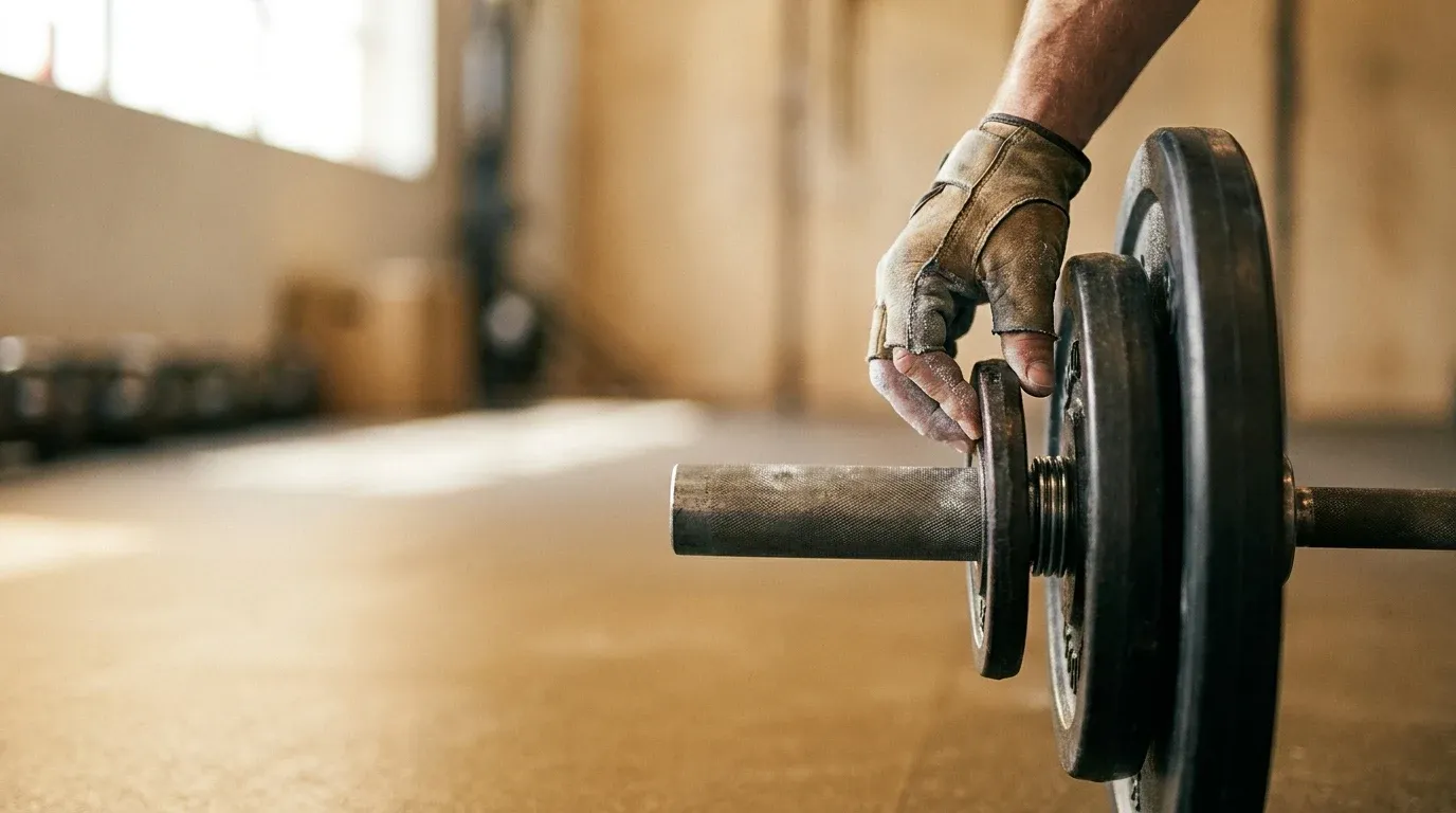 A weathered hand places a weight plate on a loaded barbell in golden gym light.