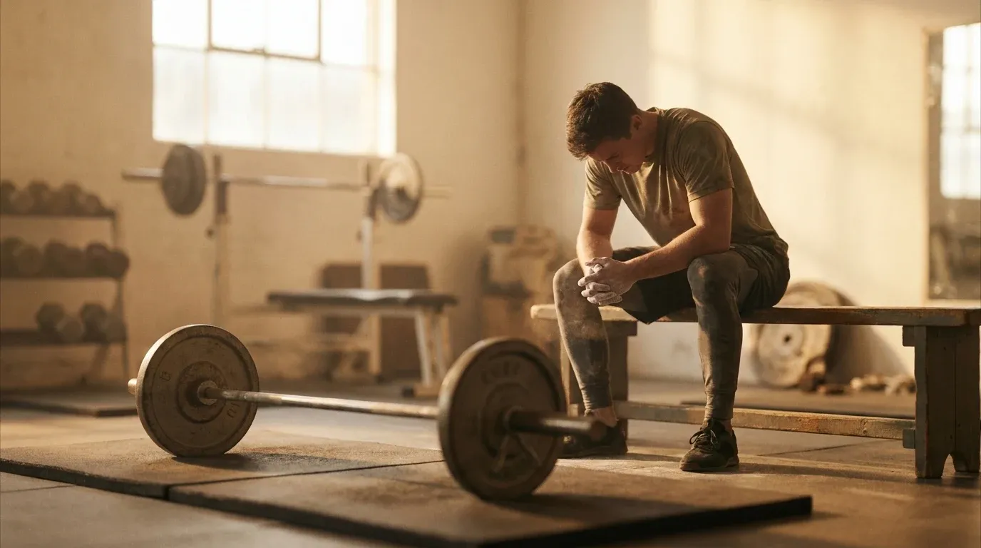 A weightlifter sits on a gym bench between sets, resting with forearms on knees in focused recovery.