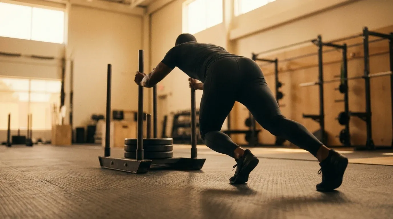 Athlete in powerful drive stance pushing a competition sled low to ground, shot from behind in warm light.
