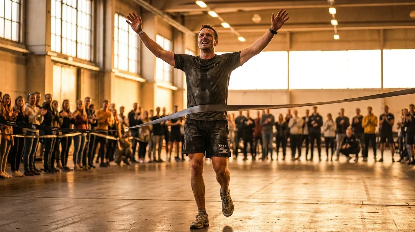 HYROX athlete raises arms triumphantly crossing finish line in golden competition hall light.