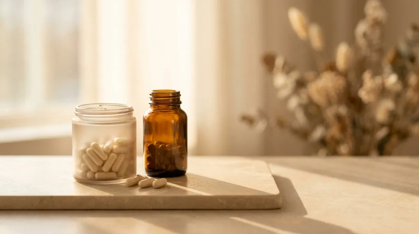 Glass jar of probiotic capsules and amber bottle on stone surface in warm golden light.