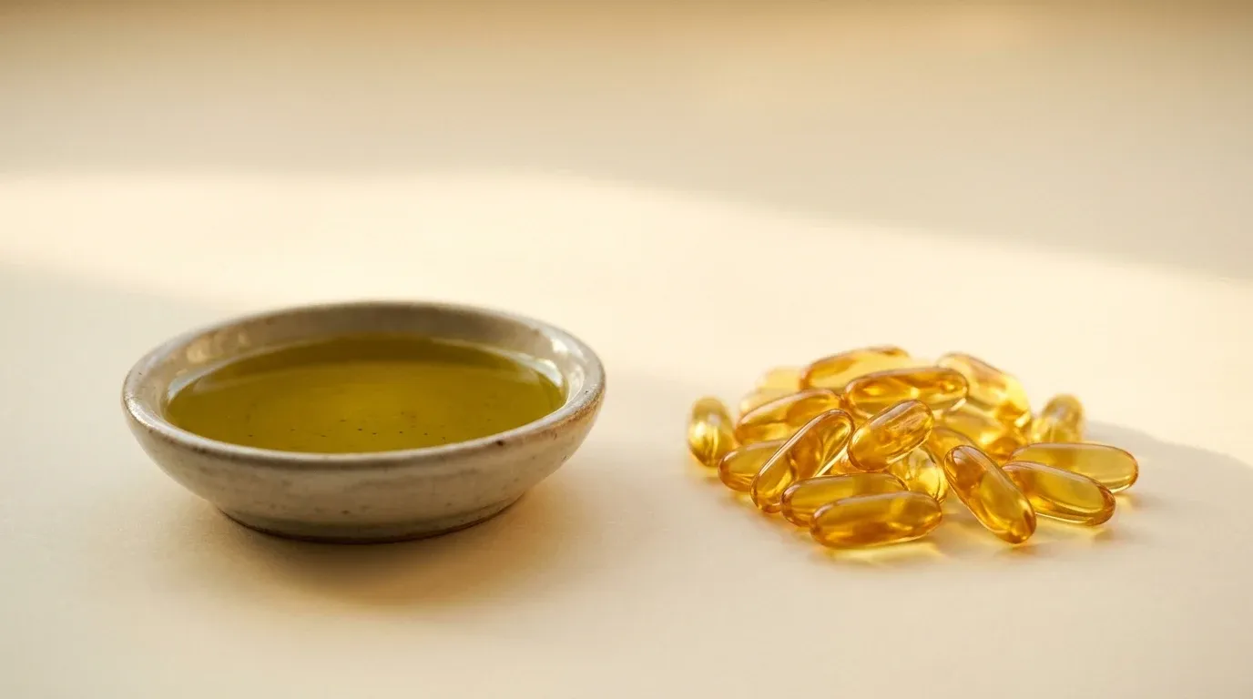 A ceramic dish of golden olive oil on the left and amber fish oil capsules on the right against a cream background.