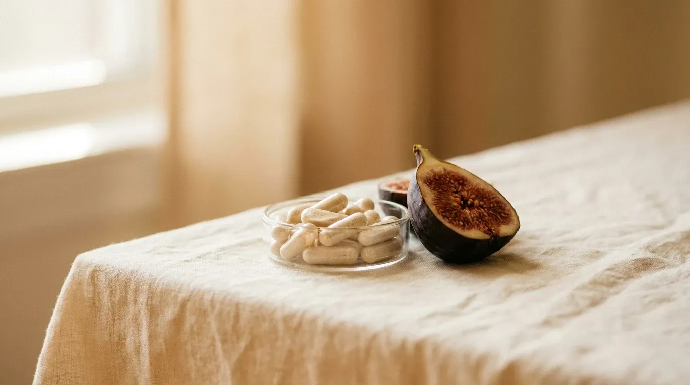 Translucent probiotic capsules and halved fresh fig on cream linen, lit by soft natural golden light.