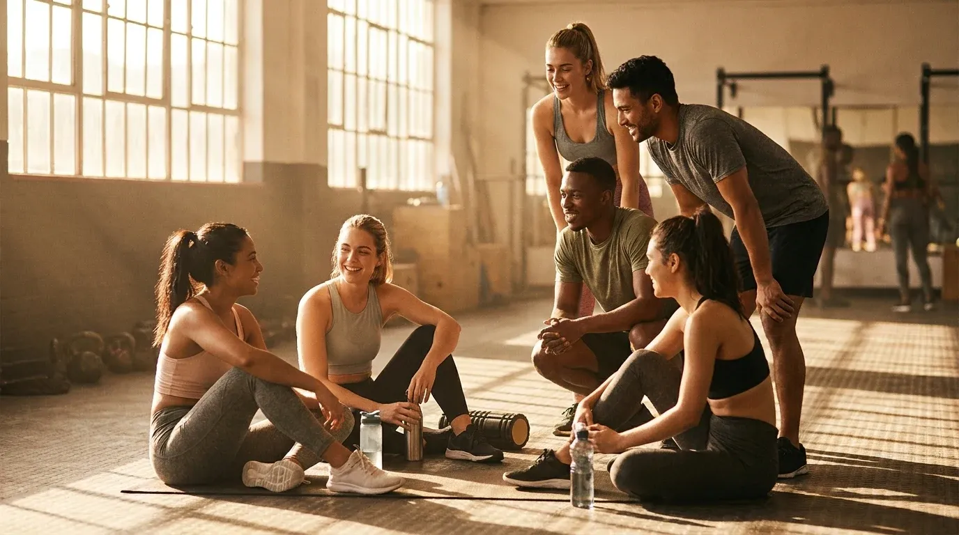 Young adults relaxing together on a gym floor after class, holding water bottles in warm golden light.