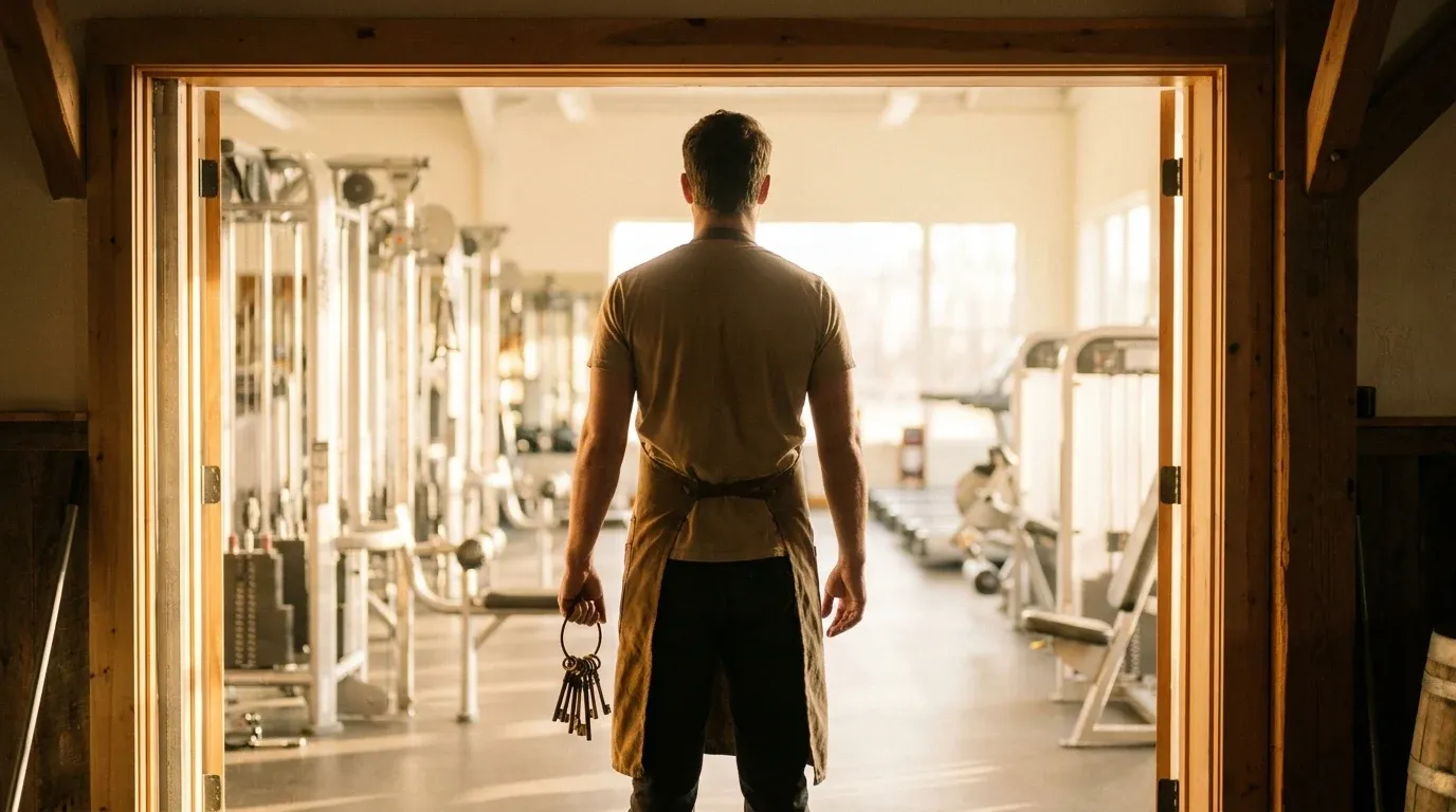 Restaurant operator in apron standing at gym doorway threshold, stepping into bright fitness space with warm golden light.