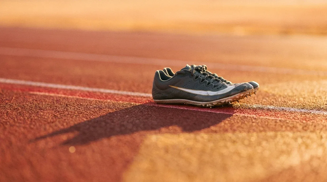 A worn elite track spike rests on a red track lane line, its shadow stretching across the surface in golden light.