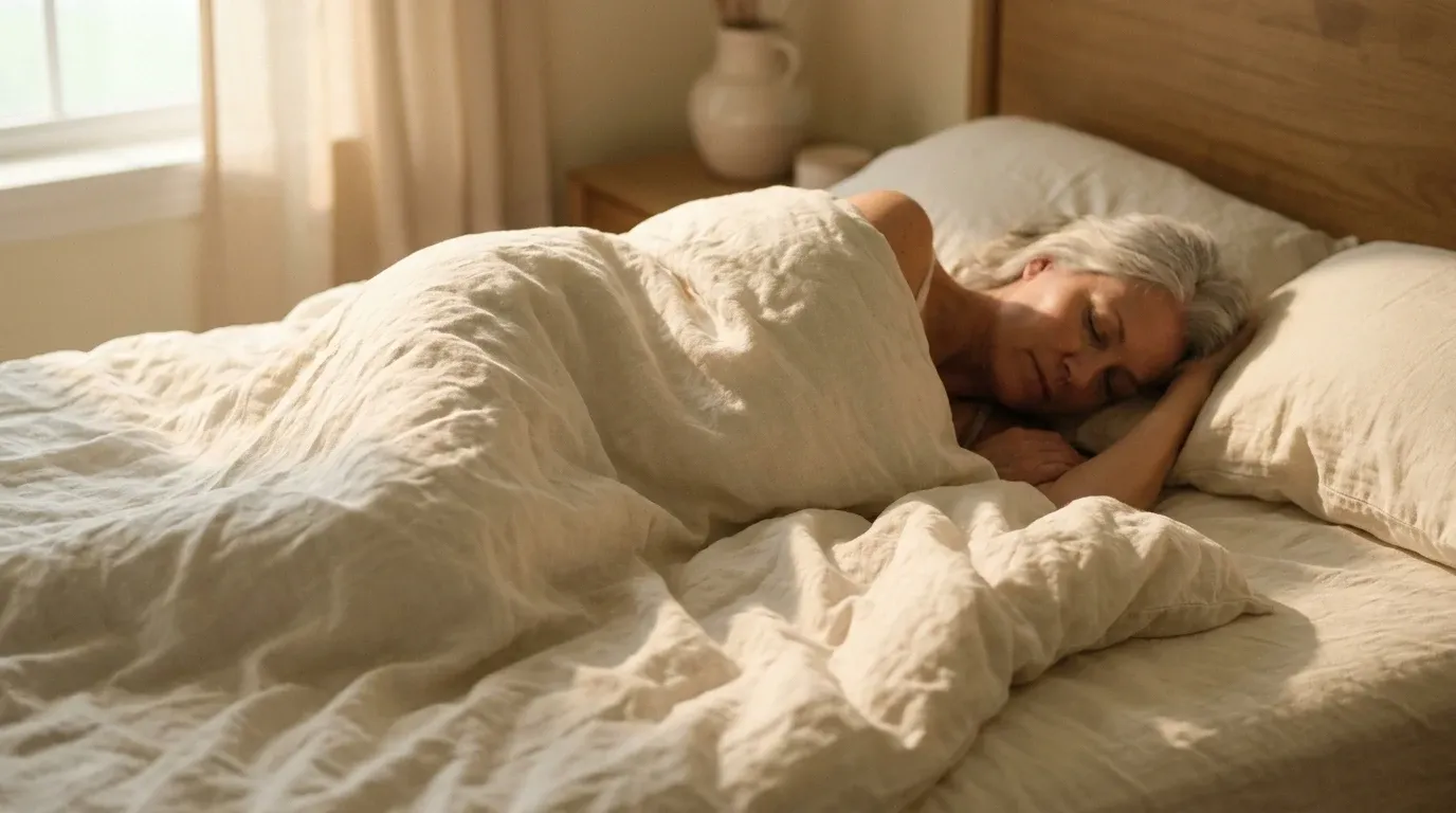 A person in their 50s sleeps peacefully on white linens in soft morning golden light.