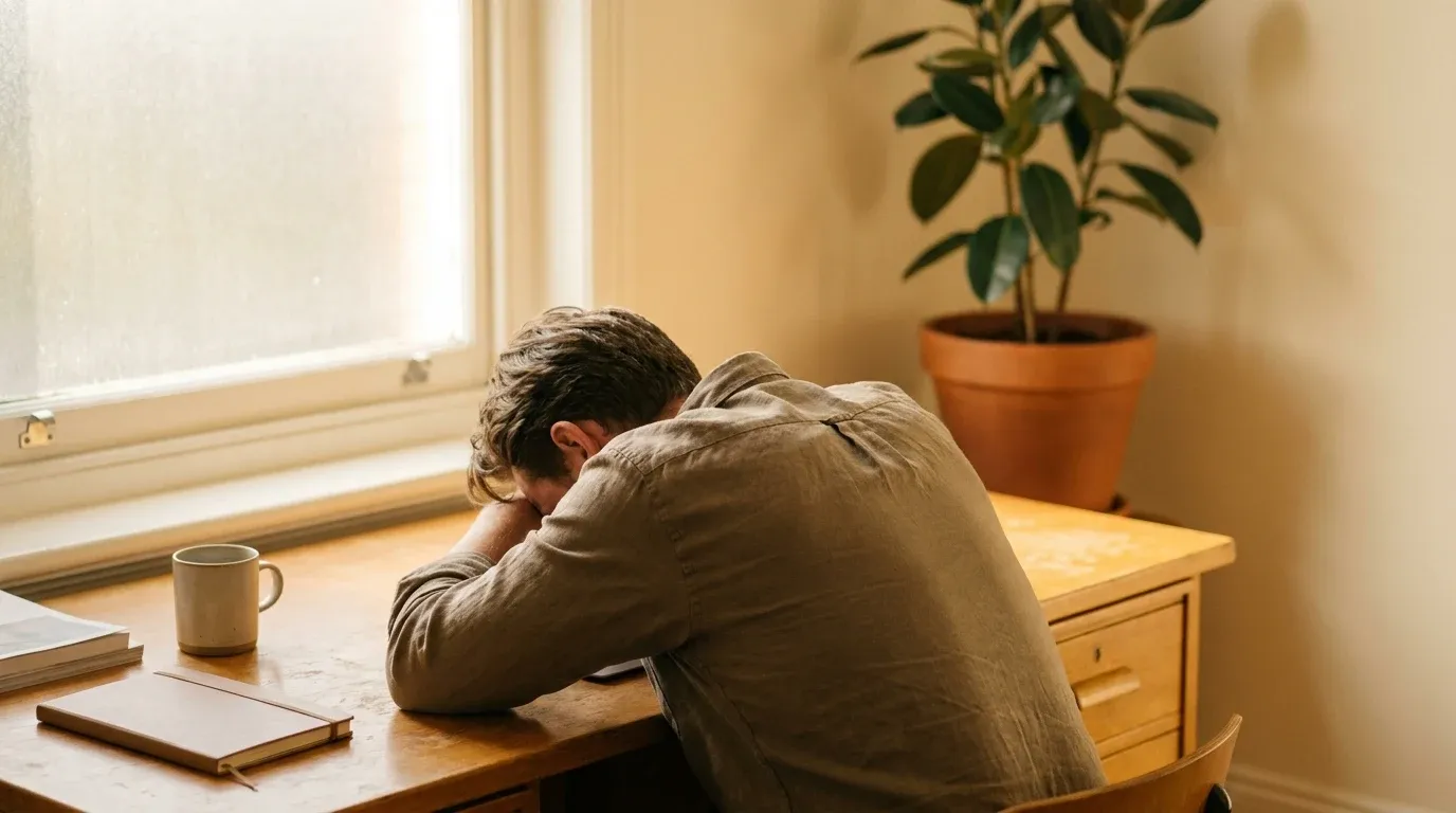 A lone office worker slumped at their desk, expressing exhaustion and isolation.