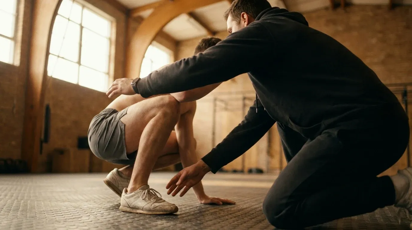 A strength coach kneels beside an athlete performing a squat, gesturing toward proper foot placement and weight distribution.