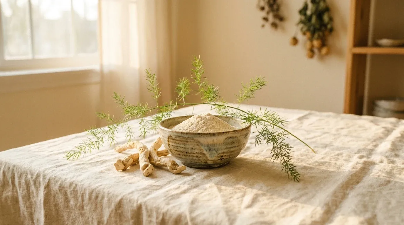 Bowl of shatavari root powder with dried root segments and asparagus fern on cream linen in warm natural light.