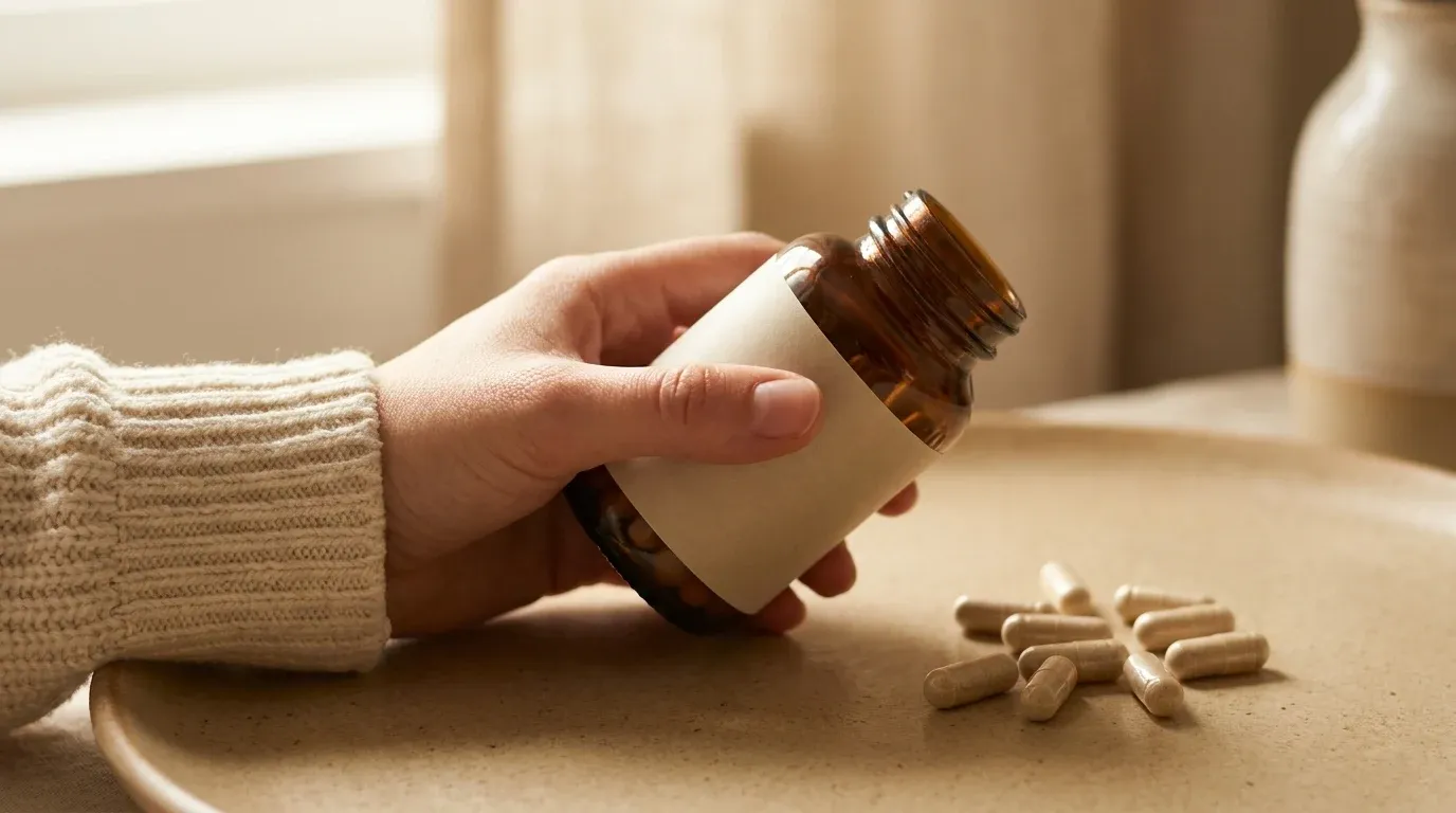 A hand holds a brown glass supplement bottle with capsules scattered nearby, suggesting critical examination.
