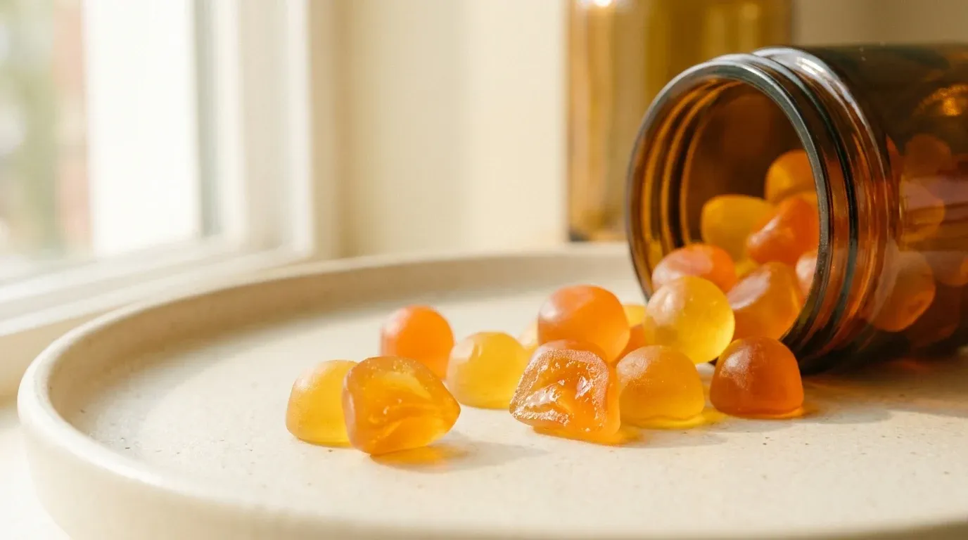 Orange and yellow vitamin C gummies spilled from a toppled amber glass jar onto a warm cream surface.