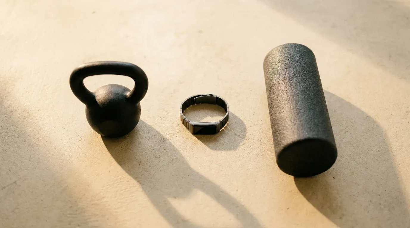 Three fitness devices—kettlebell, tracker, and foam roller—arranged on cream concrete in golden light.