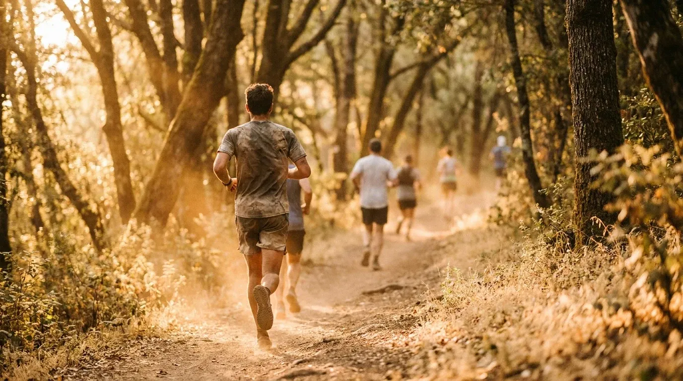 Trail runners ascending a forest path in a small group during golden hour sunlight.