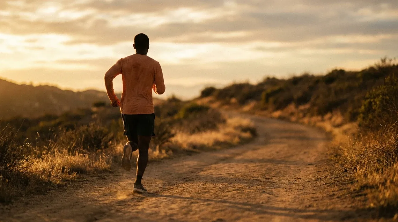A lone runner mid-stride on a dusty trail, illuminated by warm golden-hour light across an expansive landscape.