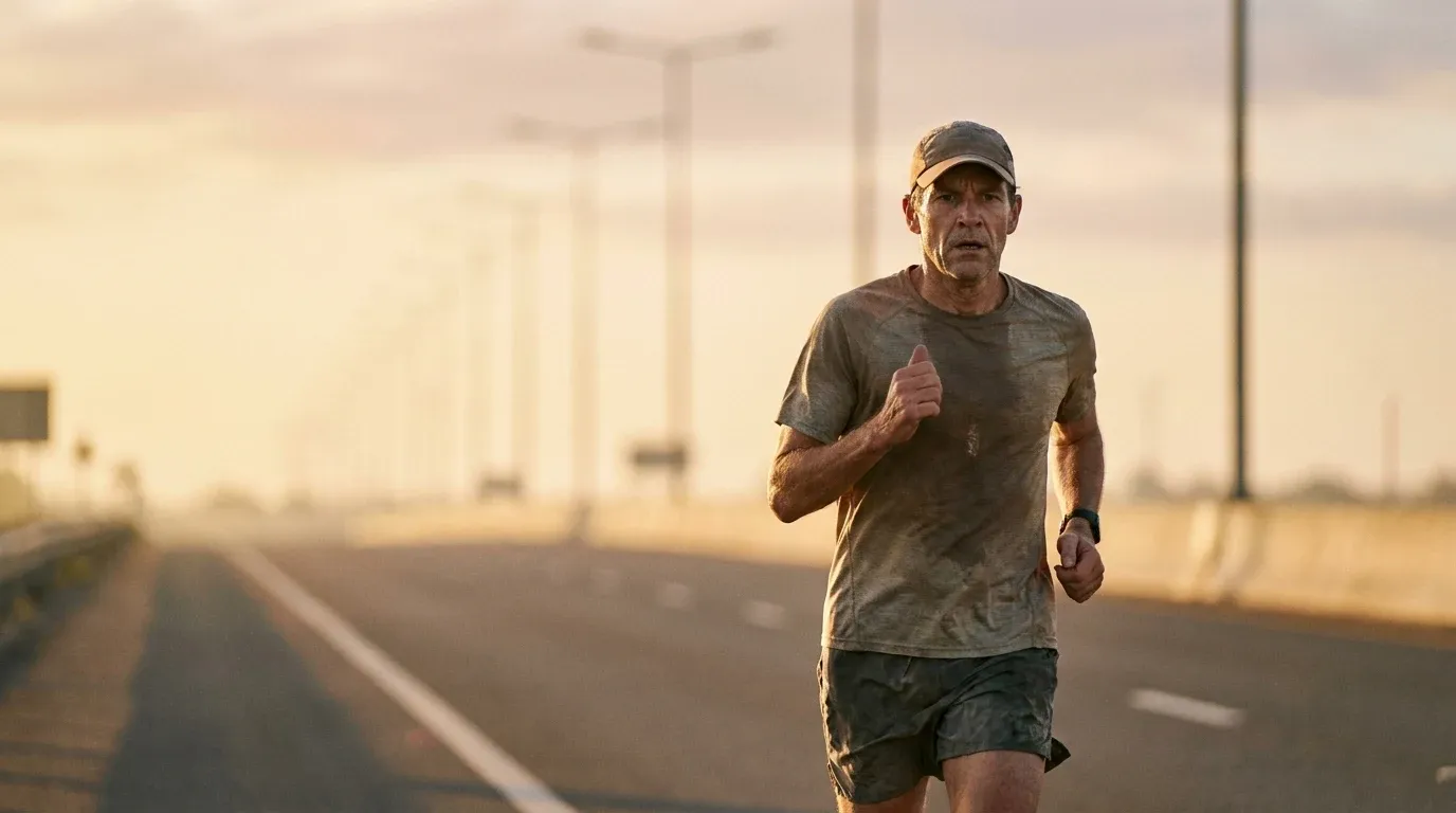 A focused runner mid-race on a straight road with distant lamp posts fading into golden light.