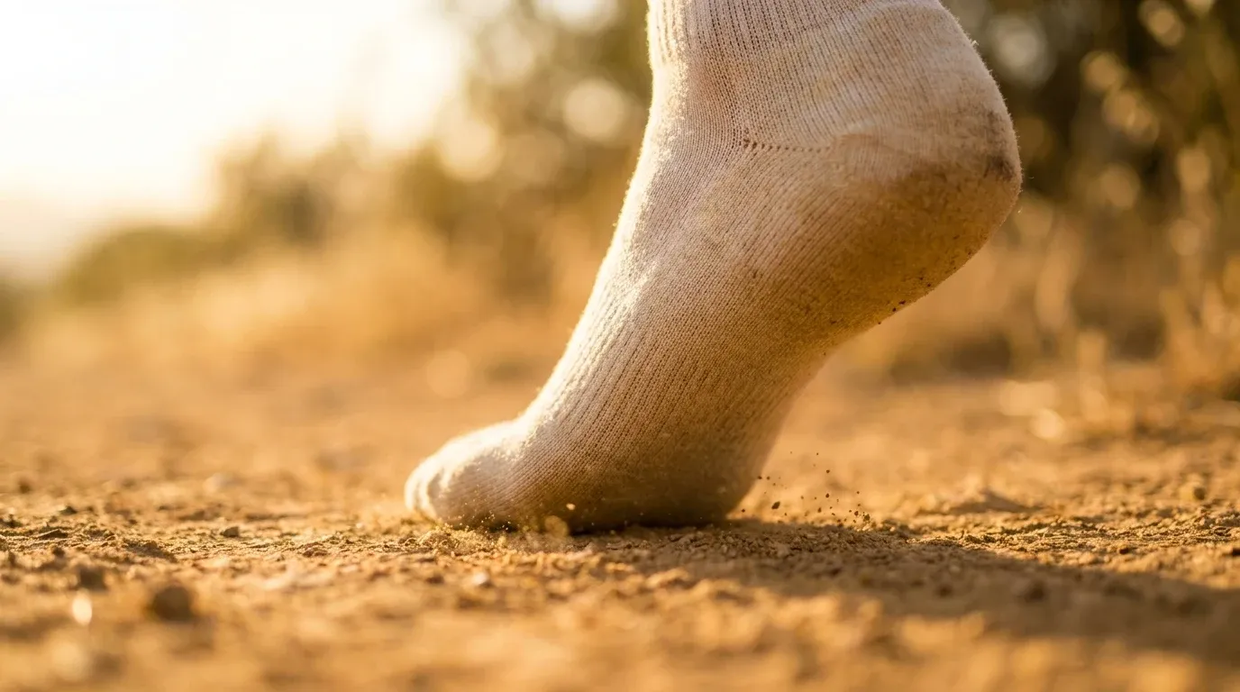 Close-up of a runner's foot in performance sock pressing into a dusty trail surface.