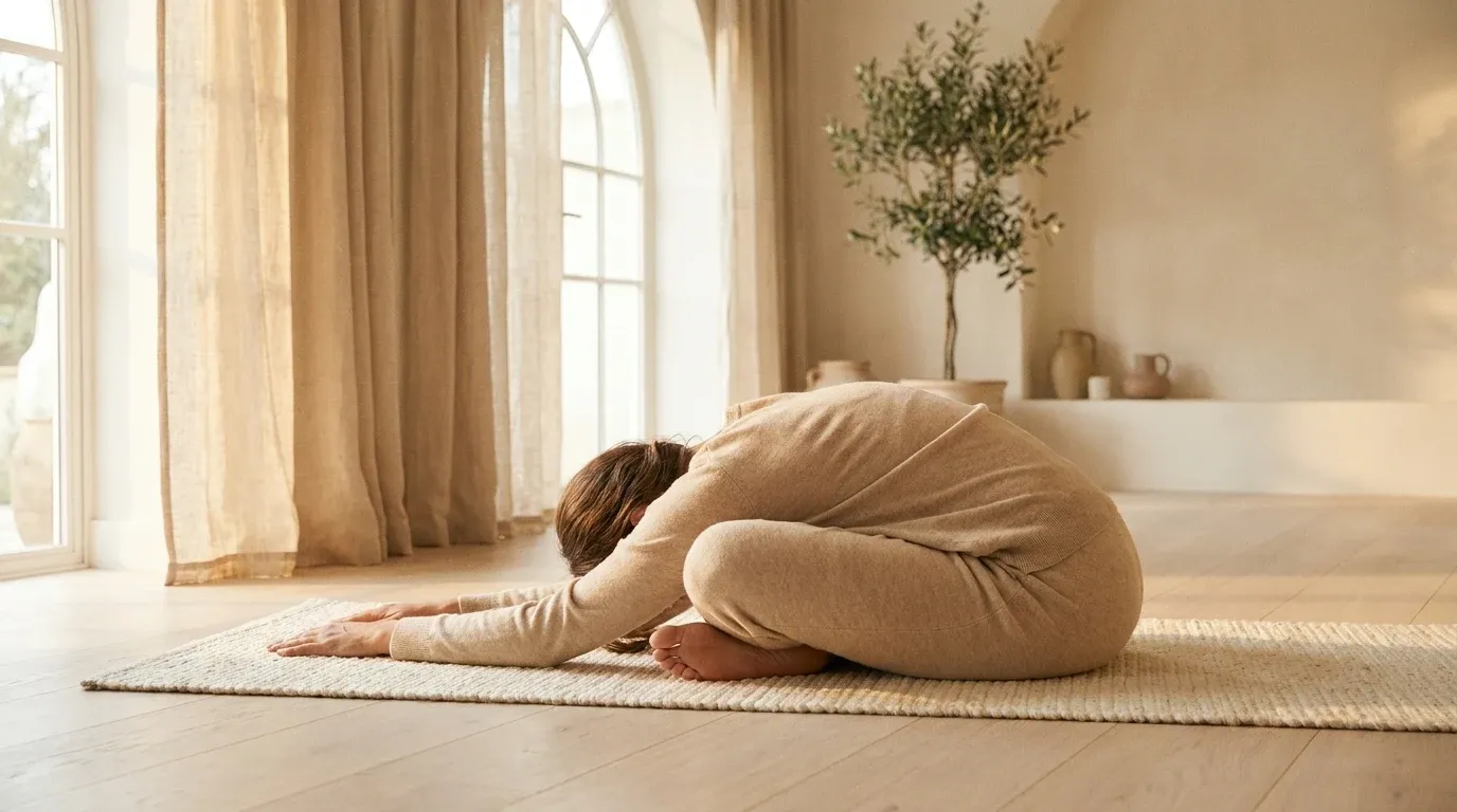 Person in a seated forward fold on a yoga mat, bathed in soft morning light from a nearby window.