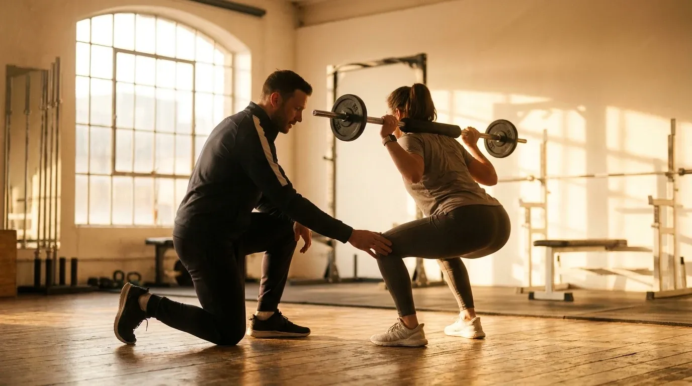 A coach kneels beside a client mid-squat, gesturing toward knee alignment in a sunlit gym.