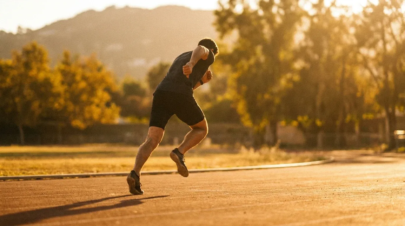 Male athlete sprinting at full speed on an outdoor track, muscles firing, bathed in golden afternoon light.