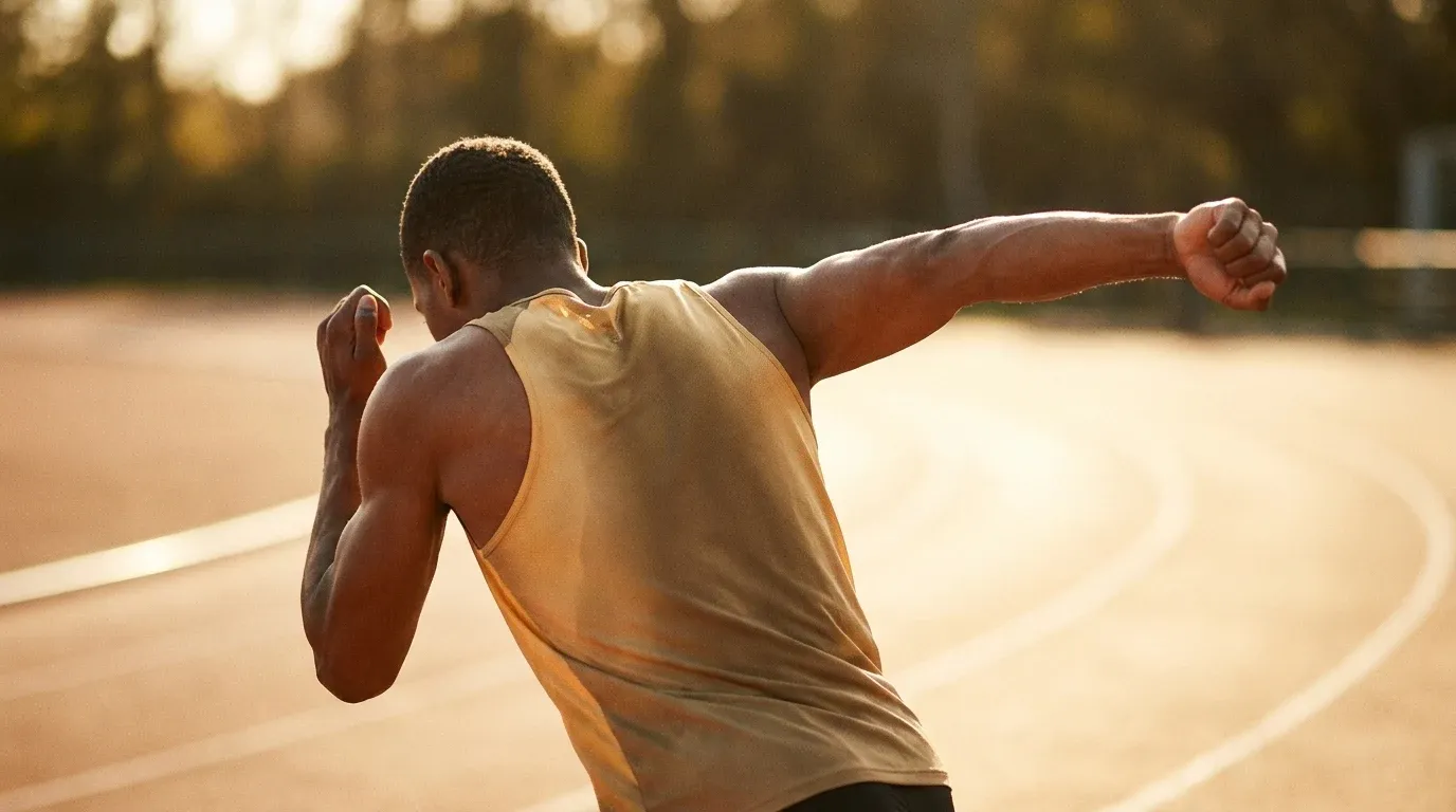 Male sprinter captured mid-stride from behind, arms driving powerfully, warm golden-hour light.
