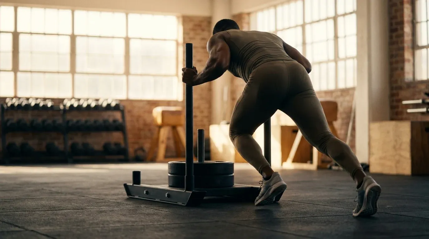 Athlete in powerful drive position pushing a black sled across gym flooring in warm natural golden-hour light.