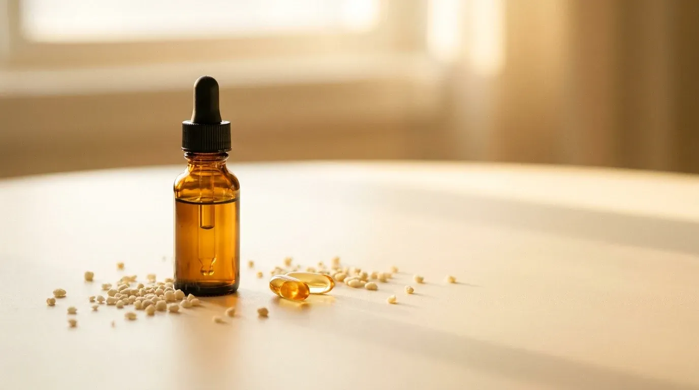 Amber dropper bottle with golden liquid surrounded by phospholipid granules and open softgel capsule on cream surface.