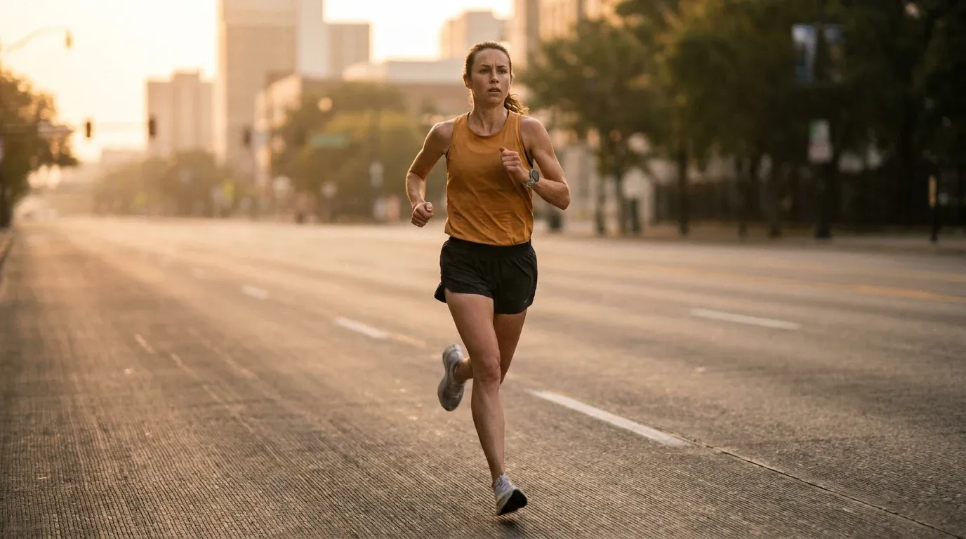 Female marathon runner mid-stride at dawn on an empty urban road, captured in warm golden light.