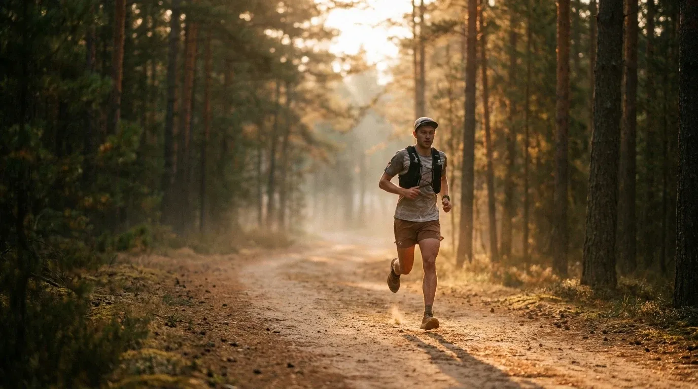 Trail runner mid-stride on a mountain singletrack surrounded by pine forest in golden dawn light.