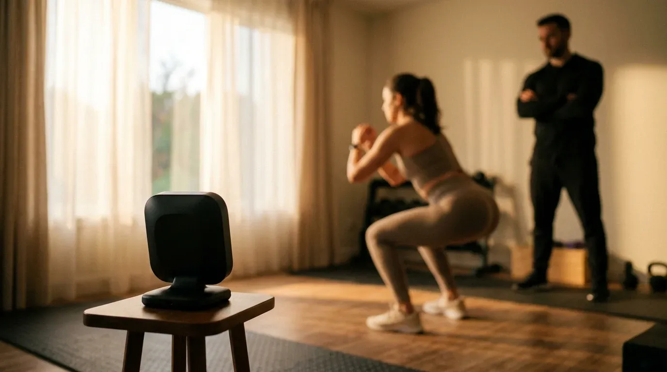 A compact AI sensor device in the foreground as a coach observes a person performing a squat in a warmly lit home gym.