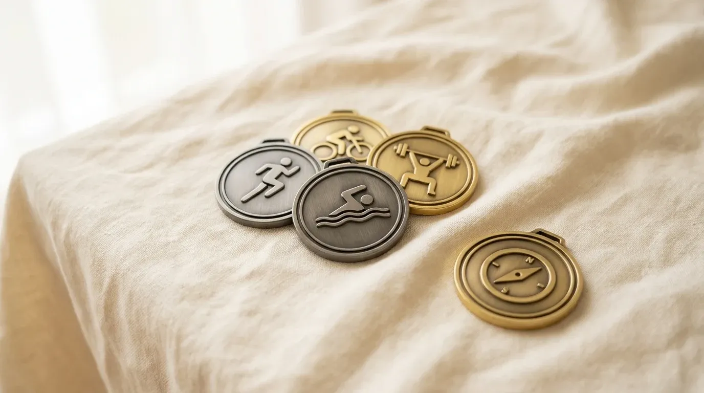 Five circular finisher medals in gunmetal and brushed gold scattered on warm cream linen.