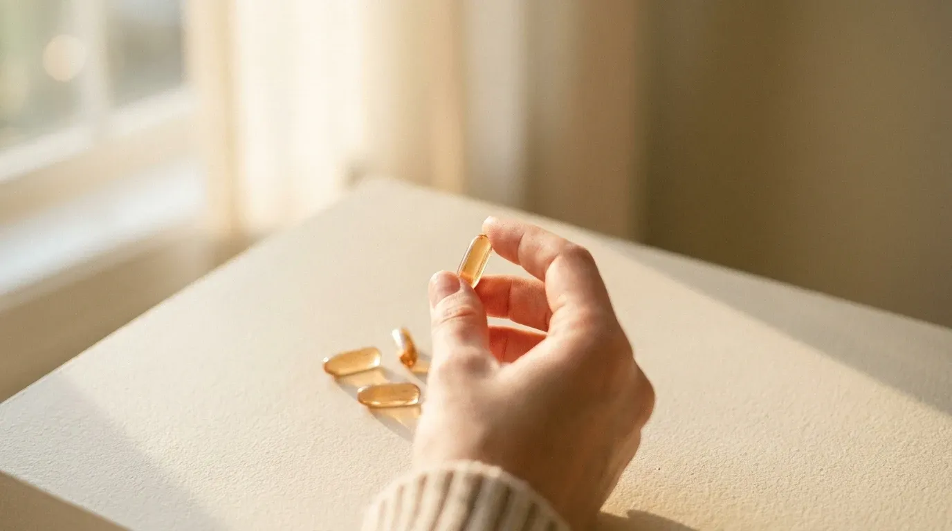 A hand holding a translucent amber supplement capsule with additional capsules on a warm cream surface.