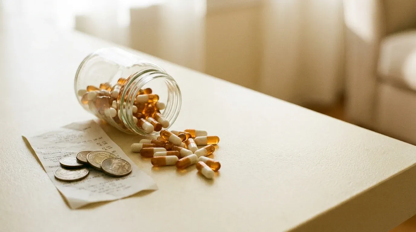 Spilled supplement capsules from an overturned bottle with a crumpled receipt and foreign coins on a cream surface.