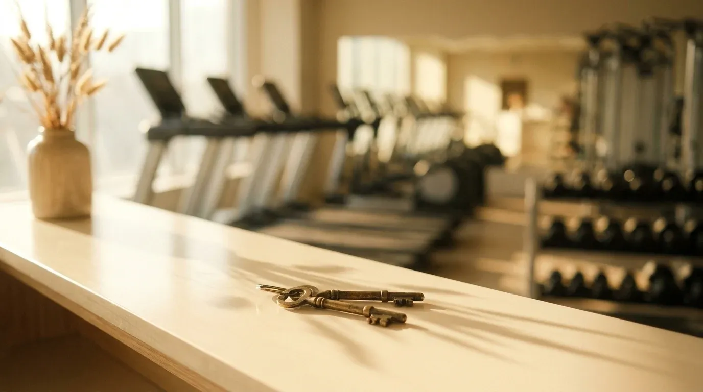 Two vintage brass keys on a polished gym reception counter with blurred fitness equipment in the background.