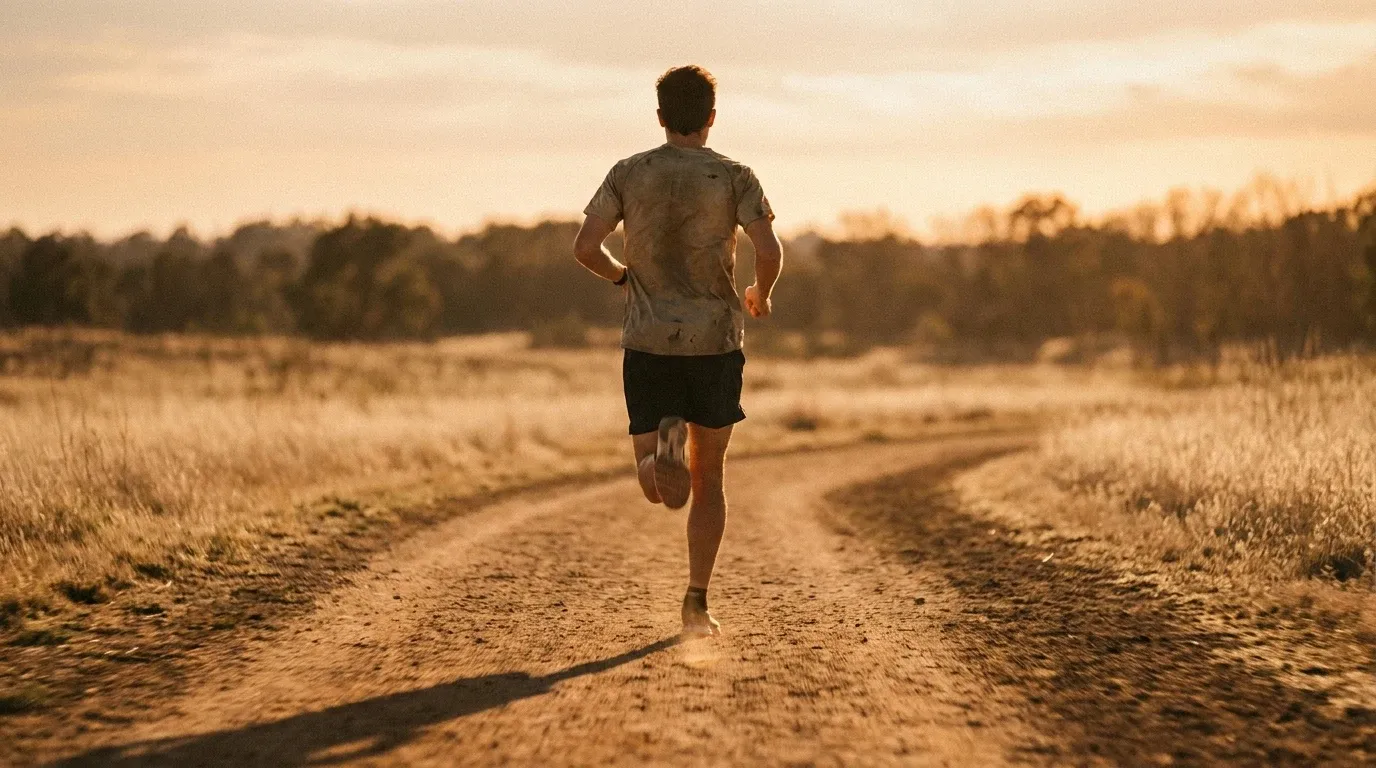 Runner viewed from behind mid-stride on a dirt trail in warm golden-hour light.