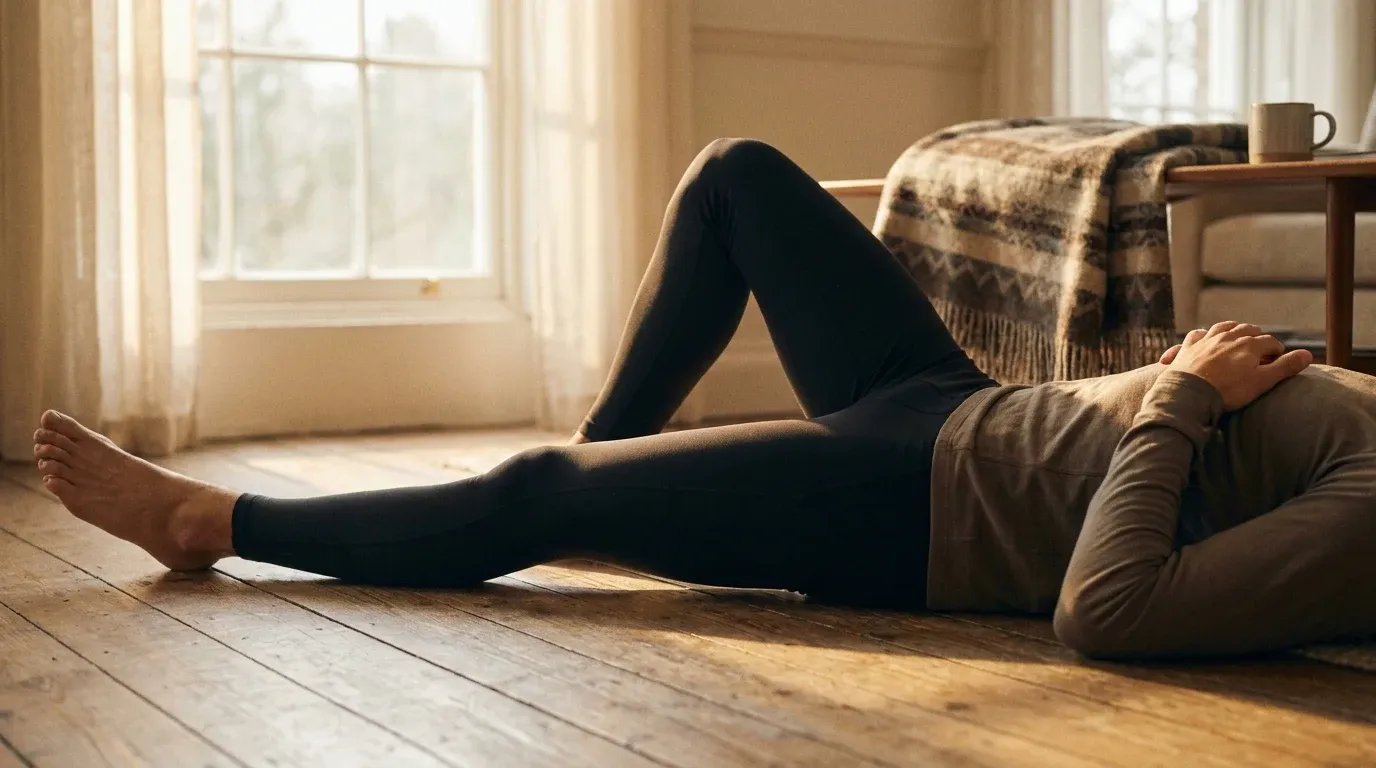 A runner lying on their back on a wooden floor in a moment of deliberate recovery and rest.