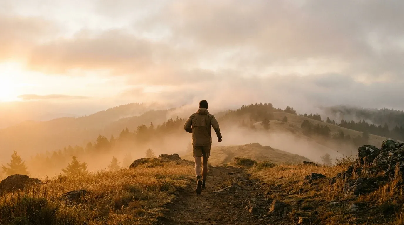 A lone trail runner cresting a misty ridgeline surrounded by pine forest and rolling hills in golden morning light.