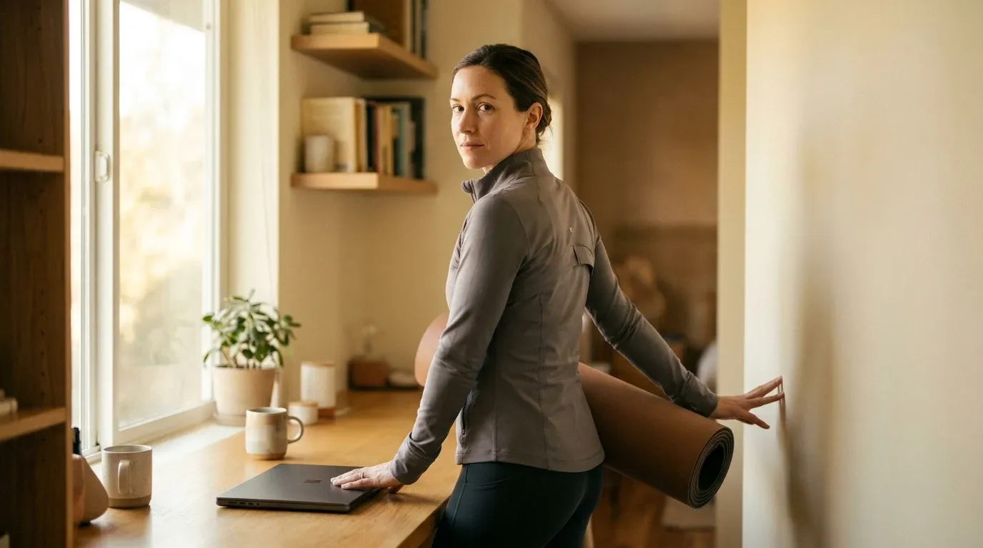 A working adult in athletic wear pauses at a sunlit desk, holding a yoga mat and closed laptop with calm confidence.
