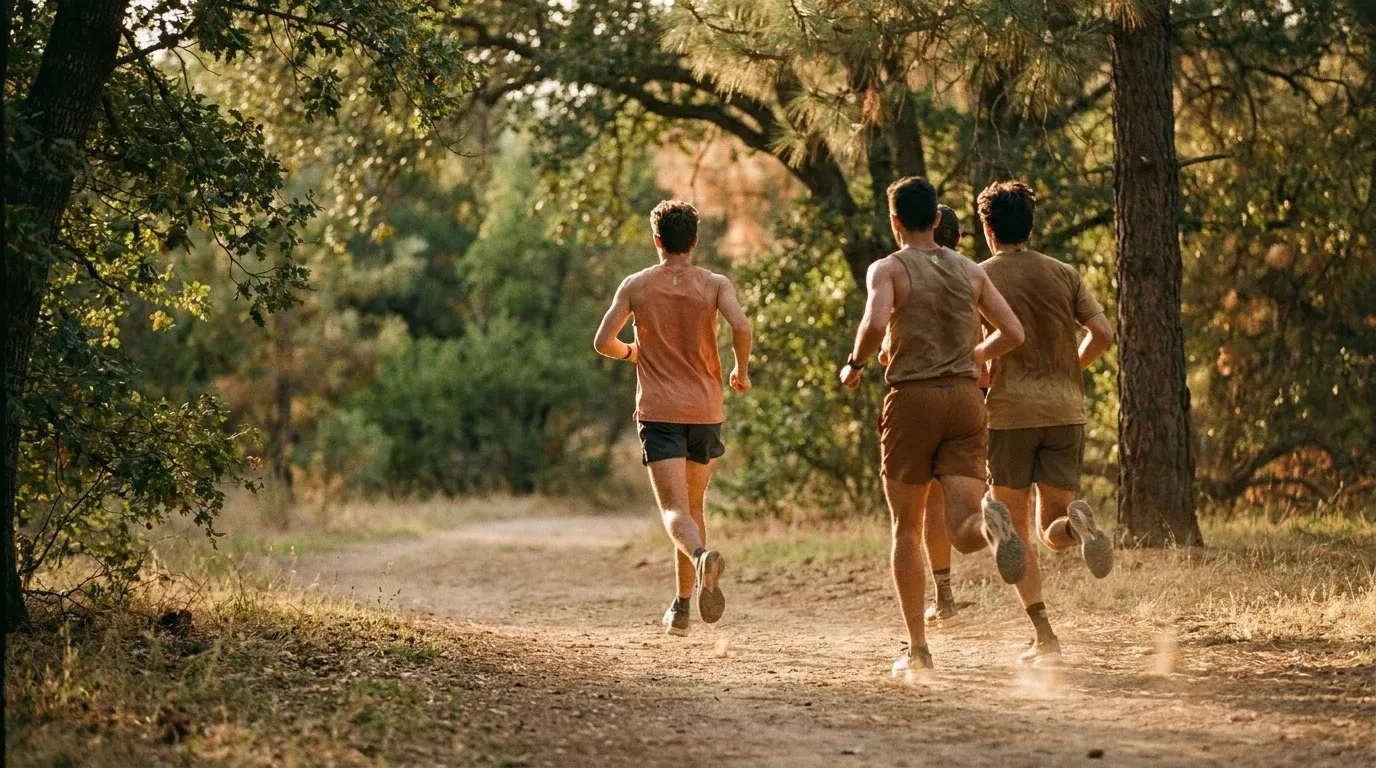 Three runners in motion on a dirt forest trail in warm golden late-afternoon light.